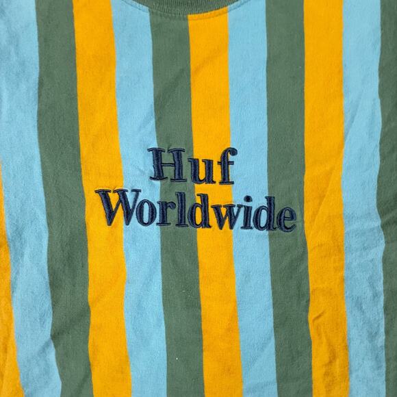 HUF Worldwide Striped T-Shirt Medium Green Yellow Blue Streetwear Skate - Picture 3 of 8